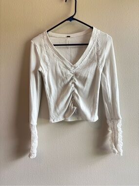 Free People White V-Neck Ruched Long Sleeve Crop Top Lace Detail